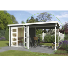 Abri de jardin en bois avec terrasse couverte et vélo