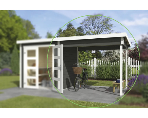 Annexe de toit pour abri de jardin Outdoor Life Zambezi 200 x 250 cm gris-vert Abri de jardin en bois avec terrasse couverte et vélo