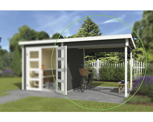 Annexe de toit pour abri de jardin Outdoor Life Zambezi 250 x 250 cm gris-vert Abri de jardin avec terrasse couverte et vélo