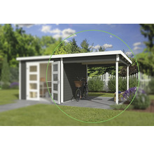 Abri de jardin avec abri et vélo dans le jardin