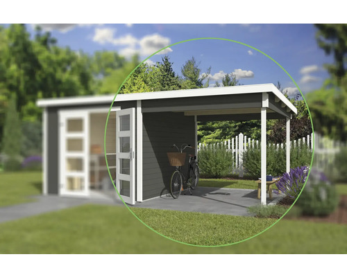 Annexe de toit Abri de jardin Outdoor Life Zambezi 300 x 250 cm gris-vert Abri de jardin avec abri et vélo dans le jardin