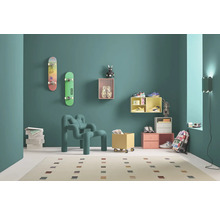 Chambre moderne avec meubles, planches à roulettes et objets de décoration.