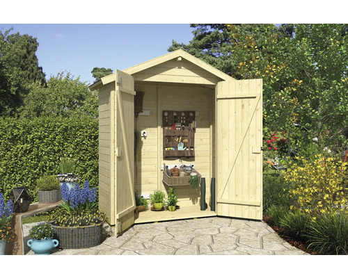 Abri de jardin Outdoor Life Kent 1.1 avec plancher 194,5 x 83,8 cm naturel Abri de jardin en bois ouvert dans le jardin avec outils de jardinage