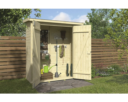 Abri de jardin Outdoor Life Kent 1.2 avec plancher 183,2 x 80,2 cm naturel Armoire de jardin en bois avec portes ouvertes et divers outils de jardinage