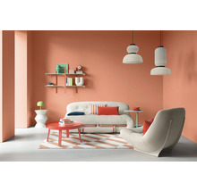 Salon avec canapé, fauteuil, table basse, tapis et étagères au design moderne