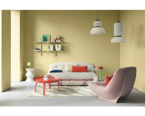 Salon avec canapé, fauteuil, table et étagères