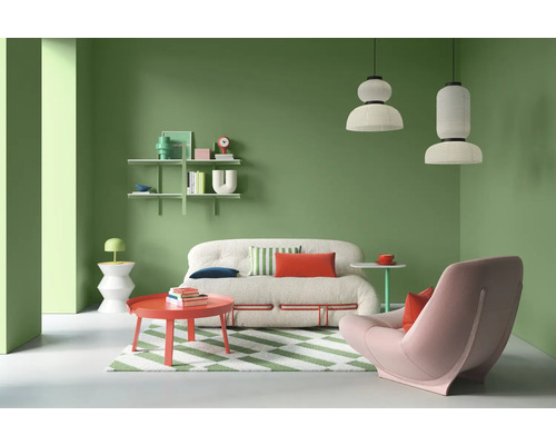 Salon avec canapé, fauteuil, table basse, étagères et accessoires décoratifs.