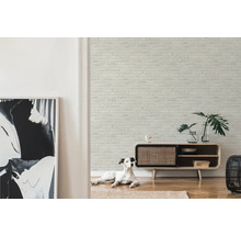 Wohnzimmer mit einer Wand in Backsteinoptik, einem Lowboard, einer Dekoration und einem Hund