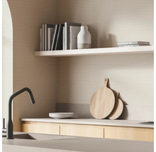 Scène de cuisine avec évier, robinet, planches à découper, vaisselle et étagère