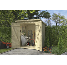 Abri de jardin en bois avec portes ouvertes et outils de jardinage