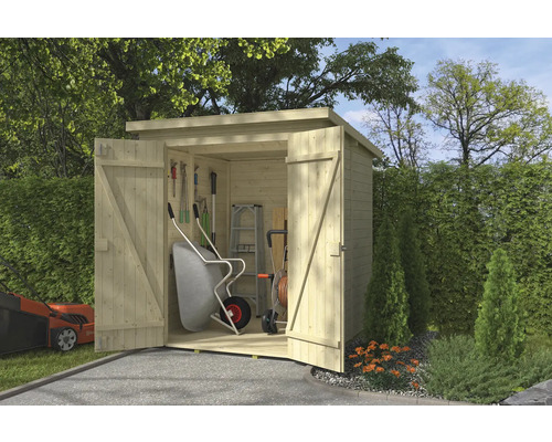 Abri de jardin en bois avec portes ouvertes et outils de jardinage