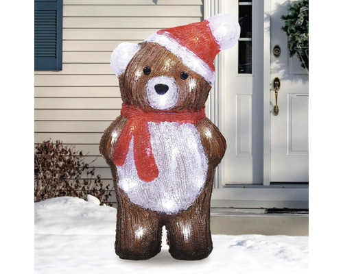 Leuchtender Teddybär mit Weihnachtsmütze und Schal als Weihnachtsdekoration für den Aussenbereich