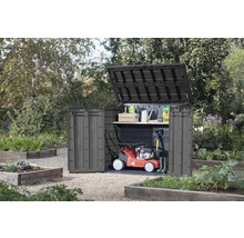 Armoire de jardin avec couvercle et porte ouverts dans le jardin, avec tondeuse à gazon et outils de jardinage