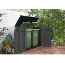 Cache-conteneurs pour deux poubelles avec portes et couvercles ouverts dans le jardin
