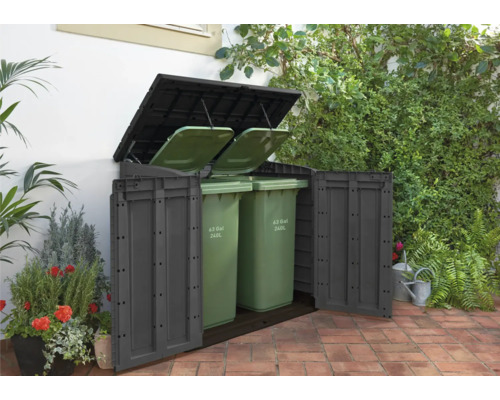 Cache-conteneurs pour deux poubelles avec portes et couvercles ouverts dans le jardin