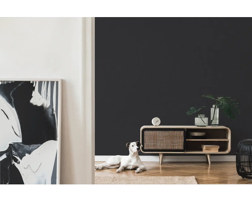 Salon avec commode, décoration, tapis et chien sur le sol