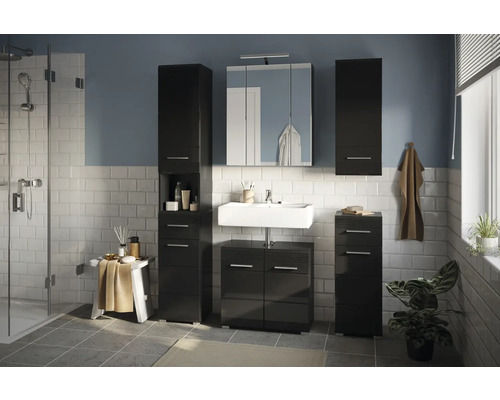 Salle de bain avec lavabo, armoire de toilette et armoires hautes dans une finition foncée.