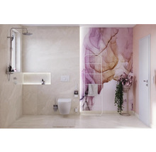 Salle de bains moderne avec douche, toilettes, sèche-serviettes et papier peint décoratif