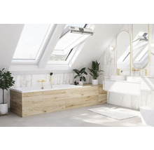 Salle de bains avec baignoire, fenêtres de toit, miroir et plantes