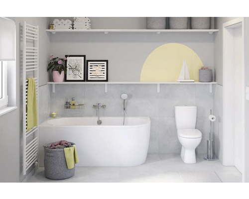 Salle de bains avec baignoire, toilettes, radiateur et étagères
