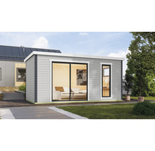 Abri de jardin moderne avec porte coulissante et fenêtre sur une pelouse