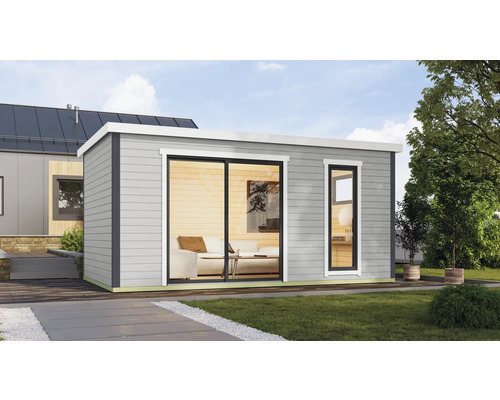 Abri de jardin Outdoor Life Austin 7 avec plancher 525,2 x 315,2 cm gris clair Abri de jardin moderne avec porte coulissante et fenêtre sur une pelouse