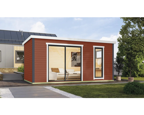 Abri de jardin Outdoor Life Austin 7 avec plancher 525,2 x 315,2 cm rouge suédois Abri de jardin moderne avec revêtement en bois, porte coulissante et fenêtre pour l'extérieur.