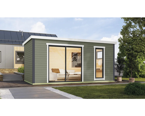 Abri de jardin Outdoor Life Austin 7 avec plancher 525,2 x 315,2 cm gris-vert Abri de jardin moderne avec porte coulissante et fenêtre dans le jardin