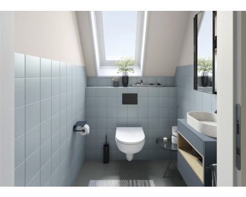 Salle de bains avec toilettes, lavabo et fenêtre de toit