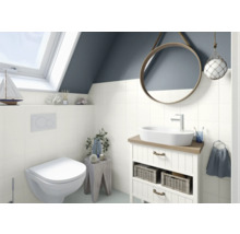 Salle de bains lumineuse avec toilettes, lavabo, miroir et fenêtre de toit