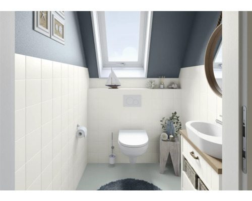 Salle de bains moderne avec fenêtre de toit, meuble sous-lavabo et toilettes