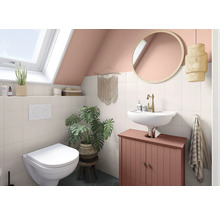 Salle de bain avec toilettes, lavabo, miroir et décorations sous une fenêtre de toit