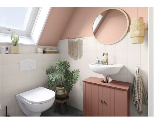 Salle de bain avec toilettes, lavabo, miroir et décorations sous une fenêtre de toit