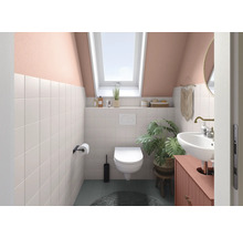 Salle de bain avec toilettes, lavabo et fenêtre de toit