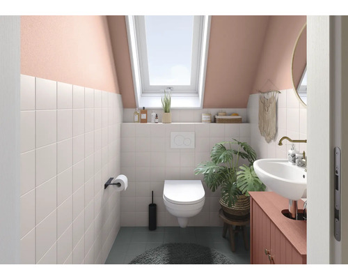 Salle de bain avec toilettes, lavabo et fenêtre de toit