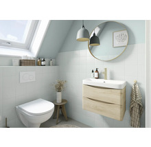 Salle de bain lumineuse avec toilettes, meuble-lavabo, miroir et fenêtre de toit pour une ambiance conviviale