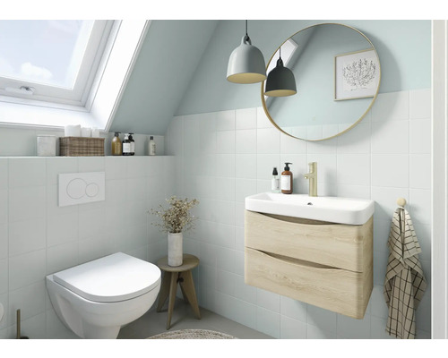 Salle de bain lumineuse avec toilettes, meuble-lavabo, miroir et fenêtre de toit pour une ambiance conviviale