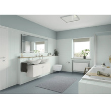 Salle de bains lumineuse avec double vasque, miroir, baignoire et fenêtre