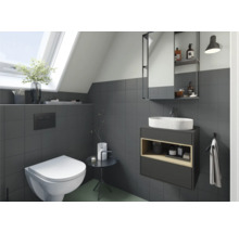 Salle de bains moderne avec fenêtre de toit, meuble-lavabo, armoire de toilette et WC suspendu.