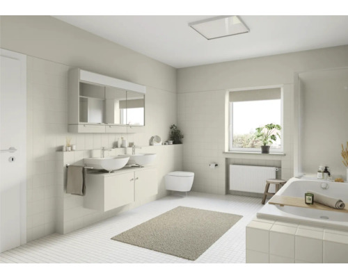 Salle de bains lumineuse avec double vasque, armoire de toilette, baignoire et fenêtre