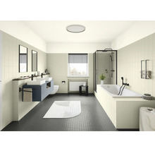 Salle de bains lumineuse avec double vasque, baignoire et cabine de douche