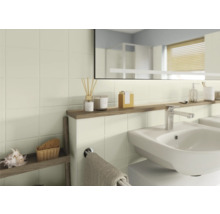 Salle de bain moderne avec lavabo, robinet, miroir et étagère pour accessoires.