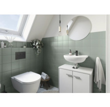 Salle de bain avec fenêtre de toit, toilettes, lavabo, miroir et carreaux verts