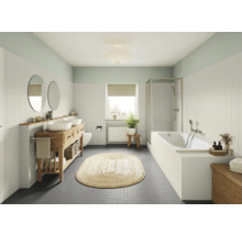 Salle de bain avec meuble-lavabo double, baignoire, douche et tapis ovale