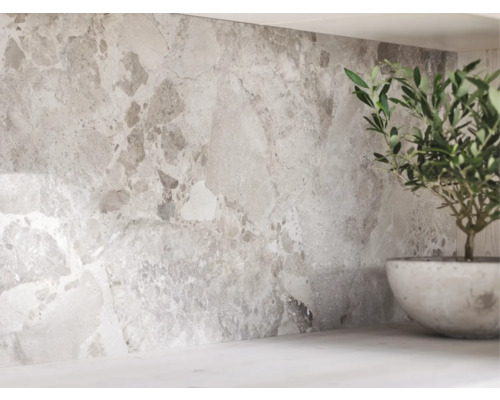 Wandgestaltung mit Fliesen in Marmoroptik und einer Topfpflanze auf der Arbeitsfläche