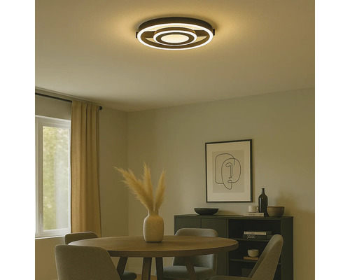 Plafonnier dans la salle à manger avec des éléments de design ronds.
