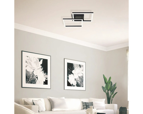 Salon moderne avec plafonnier rectangulaire et décorations murales florales.