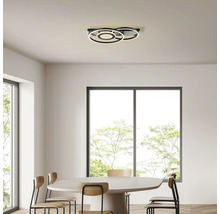 Plafonnier avec des éléments circulaires au-dessus d'une table à manger dans une pièce lumineuse.