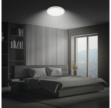 Schlafzimmer mit Deckenleuchte, Bett, Bücherregal und Fenster.