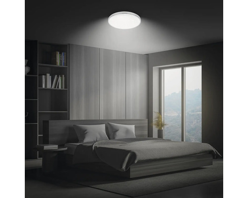 Schlafzimmer mit Deckenleuchte, Bett, Bücherregal und Fenster.